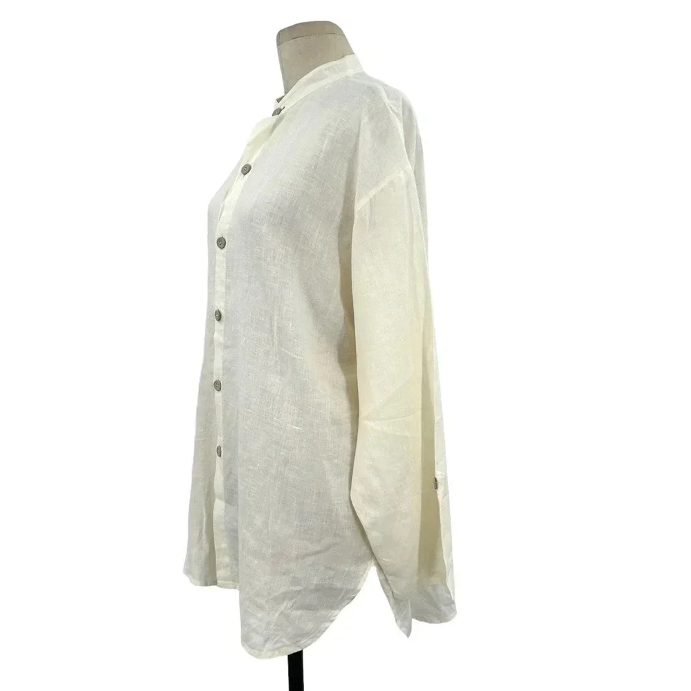 FLAX Linen Lagenlook Button Down Front Tunic Top White Cream‎ Size Small